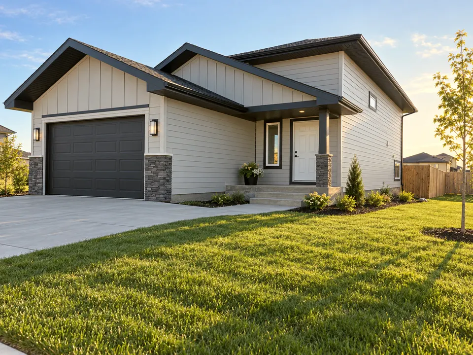 AI concept of the same bungalow finished, with siding, stone accents, a double garage door, landscaping and a concrete driveway