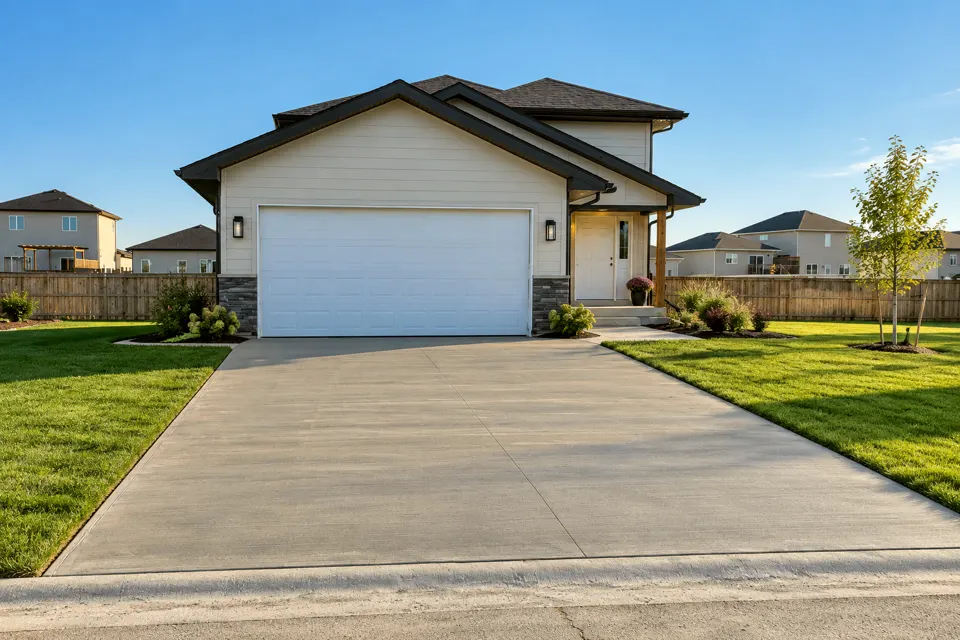 AI concept of the same home finished, with a lawn, plantings and a clean concrete driveway