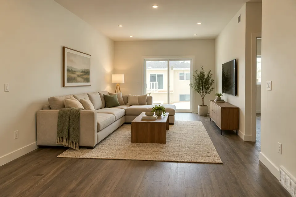 AI concept of the same room finished and staged, with a sectional sofa, a rug, a coffee table and a wall-mounted TV