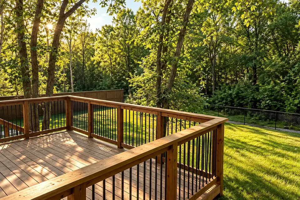 Wooden deck with a railing and black balusters, with a lawn and trees beyond
