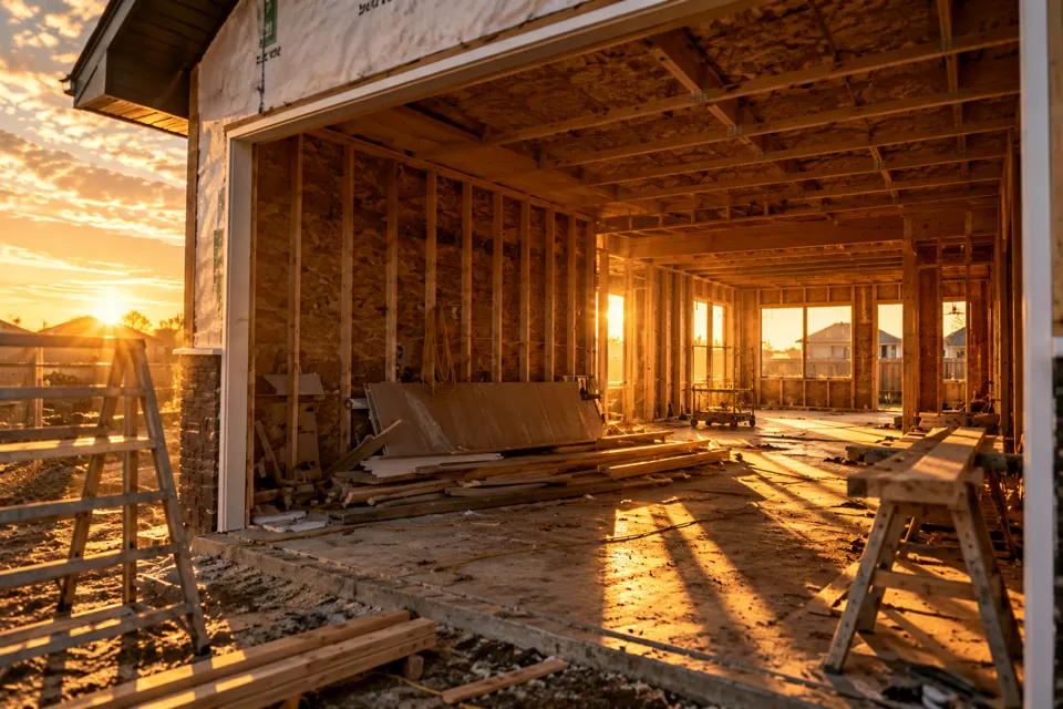 Illustration: looking through the garage framing into the house at golden hour