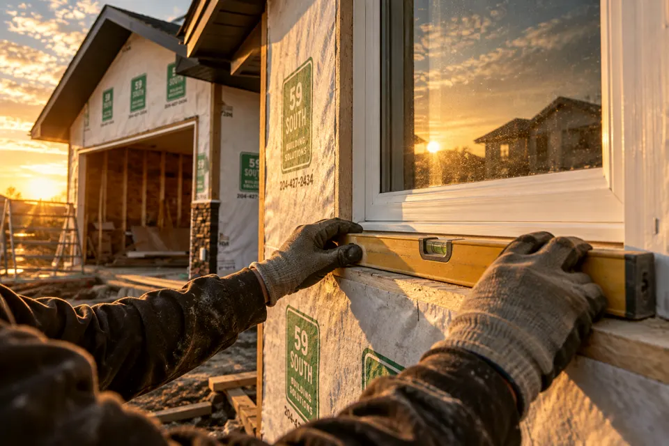 Illustration: gloved hands holding a level on a window sill in the house wrap of a home under construction