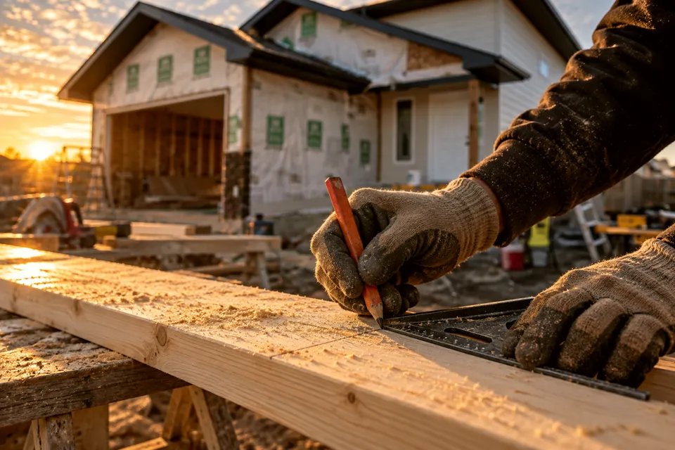Illustration: gloved hands marking a cut on a 2x6 with a pencil and a square, with a bungalow under construction behind